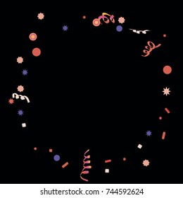 Confetti and serpentine. A bright rainbow colored confetti background. Colorful watercolor dots. Square border frame with sparse spots. confetti pattern for party in cool colors. Vector illustration 