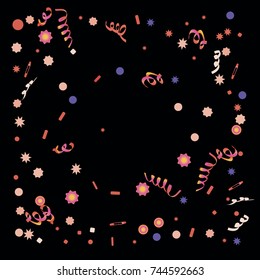 Confetti and serpentine. A bright rainbow colored confetti background. Colorful watercolor dots. Square border frame with sparse spots. confetti pattern for party in cool colors. Vector illustration 