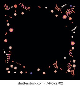 Confetti and serpentine. A bright rainbow colored confetti background. Colorful watercolor dots. Square border frame with sparse spots. confetti pattern for party in cool colors. Vector illustration 