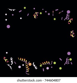 Confetti and serpentine. A bright rainbow colored confetti background. Colorful watercolor dots. Square border frame with sparse spots. confetti pattern for party in cool colors. Vector illustration 