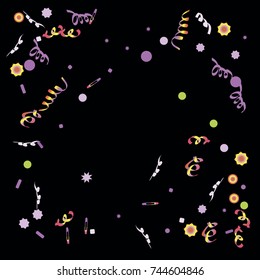 Confetti and serpentine. A bright rainbow colored confetti background. Colorful watercolor dots. Square border frame with sparse spots. confetti pattern for party in cool colors. Vector illustration 