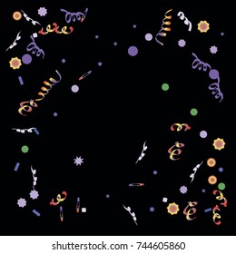 Confetti and serpentine. A bright rainbow colored confetti background. Colorful watercolor dots. Square border frame with sparse spots. confetti pattern for party in cool colors. Vector illustration 