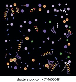 Confetti and serpentine. A bright rainbow colored confetti background. Colorful watercolor dots. Square border frame with sparse spots. confetti pattern for party in cool colors. Vector illustration 