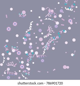 Confetti and serpentine, bright rainbow colored background.Colorful dots.Gentle grey background. Isolated confetti for party in cool colors.Vector illustration for celebration, party, festive,holiday