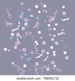 Confetti and serpentine, bright rainbow colored background.Colorful dots.Gentle grey background. Isolated confetti for party in cool colors.Vector illustration for celebration, party, festive,holiday