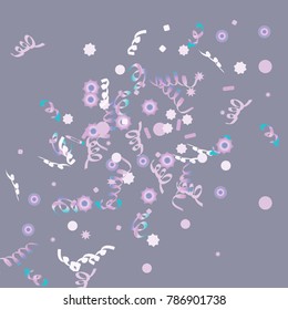 Confetti and serpentine, bright rainbow colored background.Colorful dots.Gentle grey background. Isolated confetti for party in cool colors.Vector illustration for celebration, party, festive,holiday