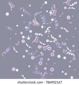 Confetti and serpentine, bright rainbow colored background.Colorful dots.Gentle grey background. Isolated confetti for party in cool colors.Vector illustration for celebration, party, festive,holiday