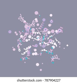 Confetti and serpentine, bright rainbow colored background.Colorful dots.Gentle grey background. Isolated confetti for party in cool colors.Vector illustration for celebration, party, festive,holiday