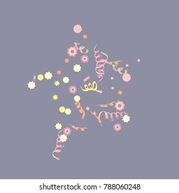Confetti and serpentine, bright rainbow colored background.Colorful dots.Gentle grey background. Isolated confetti for party in cool colors.Vector illustration for celebration, party, festive,holiday
