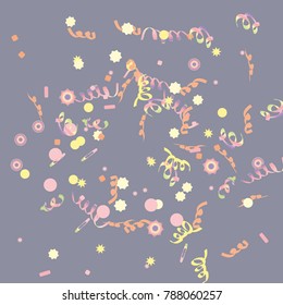Confetti and serpentine, bright rainbow colored background.Colorful dots.Gentle grey background. Isolated confetti for party in cool colors.Vector illustration for celebration, party, festive,holiday