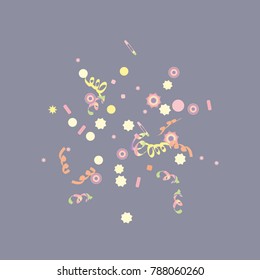 Confetti and serpentine, bright rainbow colored background.Colorful dots.Gentle grey background. Isolated confetti for party in cool colors.Vector illustration for celebration, party, festive,holiday