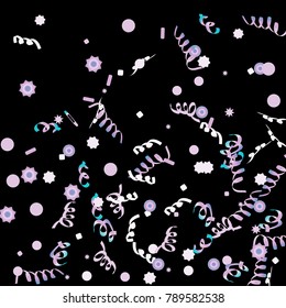 Confetti and serpentine, bright rainbow colored background. Colorful dots. Black background. Isolated confetti for party in cool colors. Vector illustration for celebration, party, festive, holiday