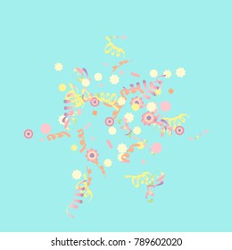 Confetti and serpentine, bright rainbow colored background.Colorful dots.Gentle grey background. Isolated confetti for party in cool colors.Vector illustration for celebration, party, festive,holiday