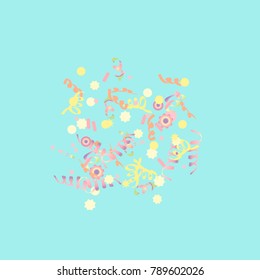 Confetti and serpentine, bright rainbow colored background.Colorful dots.Gentle grey background. Isolated confetti for party in cool colors.Vector illustration for celebration, party, festive,holiday