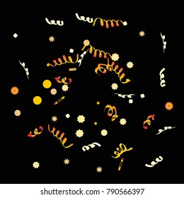 Confetti and serpentine, bright rainbow colored background. Colorful dots. Black background. Isolated confetti for party in cool colors. Vector illustration for celebration, party, festive, holiday