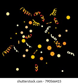 Confetti and serpentine, bright rainbow colored background. Colorful dots. Black background. Isolated confetti for party in cool colors. Vector illustration for celebration, party, festive, holiday