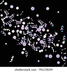 Confetti and serpentine, bright rainbow colored background. Colorful dots. Black background. Isolated confetti for party in cool colors. Vector illustration for celebration, party, festive, holiday