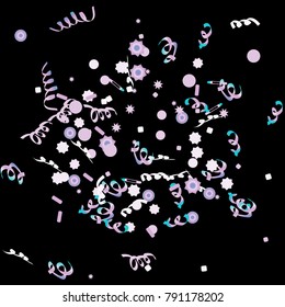 Confetti and serpentine, bright rainbow colored background. Colorful dots. Black background. Isolated confetti for party in cool colors. Vector illustration for celebration, party, festive, holiday