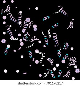 Confetti and serpentine, bright rainbow colored background. Colorful dots. Black background. Isolated confetti for party in cool colors. Vector illustration for celebration, party, festive, holiday