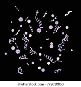 Confetti and serpentine, bright rainbow colored background. Colorful dots. Black background. Isolated confetti for party in cool colors. Vector illustration for celebration, party, festive, holiday