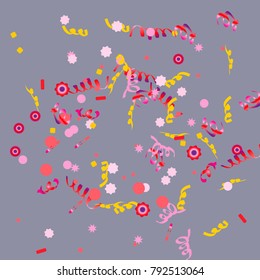 Confetti and serpentine, bright rainbow colored background.Colorful dots.Gentle grey background. Isolated confetti for party in cool colors.Vector illustration for celebration, party, festive,holiday