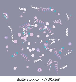 Confetti and serpentine, bright rainbow colored background.Colorful dots.Gentle grey background. Isolated confetti for party in cool colors.Vector illustration for celebration, party, festive,holiday