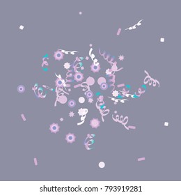 Confetti and serpentine, bright rainbow colored background.Colorful dots.Gentle grey background. Isolated confetti for party in cool colors.Vector illustration for celebration, party, festive,holiday