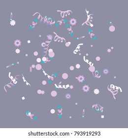 Confetti and serpentine, bright rainbow colored background.Colorful dots.Gentle grey background. Isolated confetti for party in cool colors.Vector illustration for celebration, party, festive,holiday