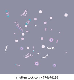 Confetti and serpentine, bright rainbow colored background.Colorful dots.Gentle grey background. Isolated confetti for party in cool colors.Vector illustration for celebration, party, festive,holiday