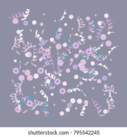 Confetti and serpentine, bright rainbow colored background.Colorful dots.Gentle grey background. Isolated confetti for party in cool colors.Vector illustration for celebration, party, festive,holiday