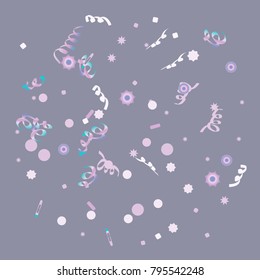 Confetti and serpentine, bright rainbow colored background.Colorful dots.Gentle grey background. Isolated confetti for party in cool colors.Vector illustration for celebration, party, festive,holiday