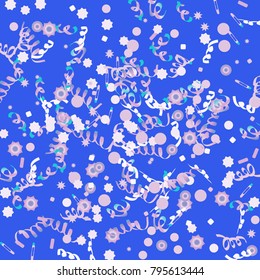 Confetti and serpentine, bright rainbow colored background.Colorful dots.Gentle grey background. Isolated confetti for party in cool colors.Vector illustration for celebration, party, festive,holiday
