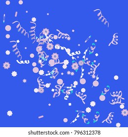Confetti and serpentine, bright rainbow colored background.Colorful dots.Gentle grey background. Isolated confetti for party in cool colors.Vector illustration for celebration, party, festive,holiday