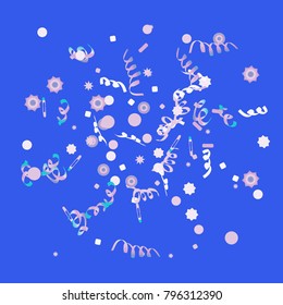 Confetti and serpentine, bright rainbow colored background.Colorful dots.Gentle grey background. Isolated confetti for party in cool colors.Vector illustration for celebration, party, festive,holiday