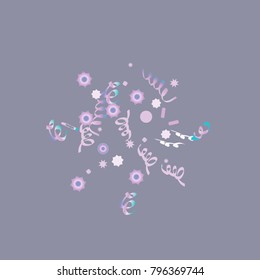 Confetti and serpentine, bright rainbow colored background.Colorful dots.Gentle grey background. Isolated confetti for party in cool colors.Vector illustration for celebration, party, festive,holiday