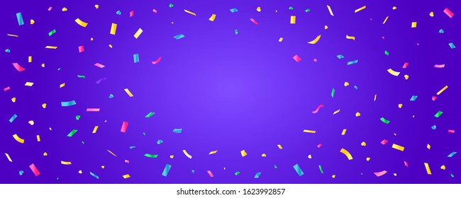 confetti serpentine drops on a bright lilac background with place for your text. Festive banner for birthday and other holidays. vector illustration
