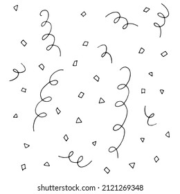 Confetti and serpentine. Holiday attributes. Festive decoration. Party. Birthday. Vector. Doodle. Drawn by hand. Elements for a greeting card. Sketch. Silhouette. Black and white. Contour.