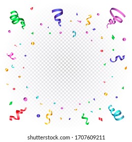 Confetti, serpentine, multicolored shiny vector ribbons, colorful frame on a transparent background for birthday, sale, for any of your banner, poster or card design.