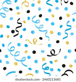 Confetti and serpentine ribbons pattern. Seamless vector celebration background. Party design in blue and golden colors