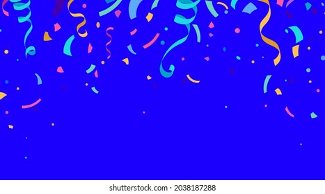 Fondo vectorial de lazos de confetti y serpentina aislado sobre fondo azul brillante, cayendo desde arriba. Ilustración festiva de estilo sencillo y moderno.