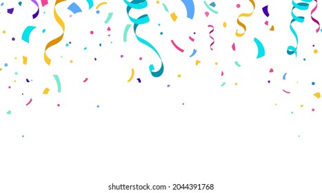 Confetti and serpentine ribbons vector background isolated on white backdrop, falling from the top. Festive illustration in flat modern simple style.