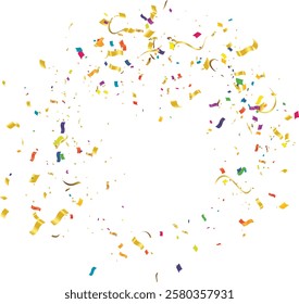 Confetti and serpentine ribbons vector background isolated on white backdrop, explosion, burst at the center