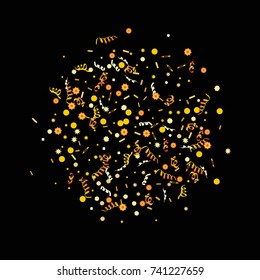 Confetti and serpentine set, bright colorful background,  cute and fun decoration. Vector illustration for celebration, party, carnival, festive holiday.Black background