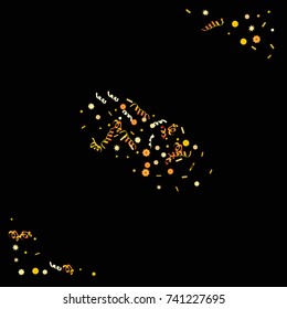 Confetti and serpentine set, bright colorful background,  cute and fun decoration. Vector illustration for celebration, party, carnival, festive holiday.Black background