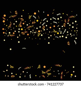 Confetti and serpentine set, bright colorful background,  cute and fun decoration. Vector illustration for celebration, party, carnival, festive holiday.Black background
