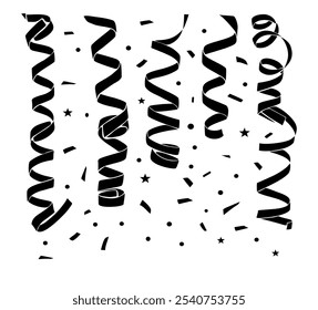 Confeti, siluetas de Vector serpentina, serpentinas, cintas Elementos de diseño negros para Navidades Días festivos, fiesta, aniversario, celebración, saludo, Plantilla de la tarjeta de invitación, cubierta, superposición aislada