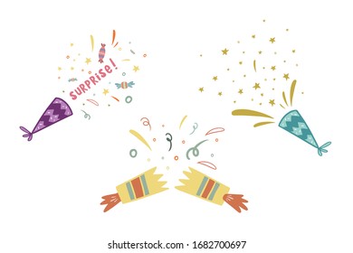 Confetti set. Birthday design. Vector illustration. Set of fireworks. Cartoon drawing in flat style.