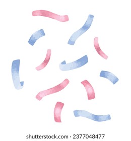 Confetti set Vector illustration. Hand drawn clip art on isolated background. Watercolor drawing of blue and pink serpentine. Sketch of falling glitter for a birthday party. Streamer in pastel colors