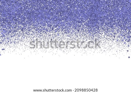Confetti in shades of Very Peri border isolated on white background. Trendy color of 2022 year. Purple glitter texture effect. Falling sparkles dots and stars. Shiny dust vector backdrop.