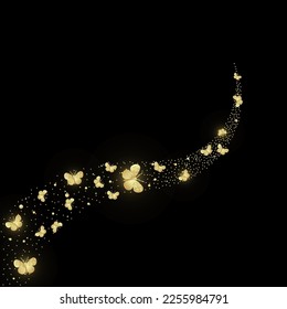 Confetti shiny glittering wave with butterfly. Golden stardust particles on black background. Vector illustration, cartoon style
